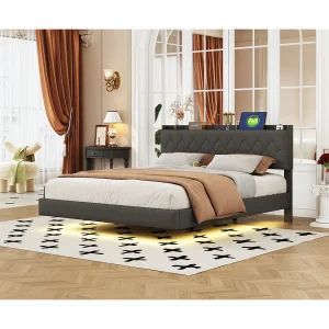 Gestoffeerd bed 160×200 cm met USB, opbergruimte en LED – Hangend tweepersoonsbed – Grijze linnen stof