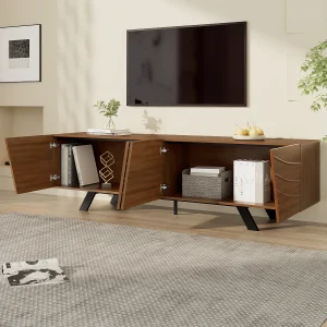 Golvend tv-meubel met 4 deuren en kabelmanagement – Zwarte metalen poten – Donkere houtkleur Golvend tv-meubel met 4 deuren en kabelmanagement – Zwarte metalen poten – Donkere houtkleur