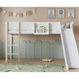Halfhoog bed 90x200cm met glijbaan en uitneembare plank – Wit hout (matras niet inbegrepen) Halfhoog bed 90x200cm met glijbaan en uitneembare plank – Wit hout (matras niet inbegrepen)