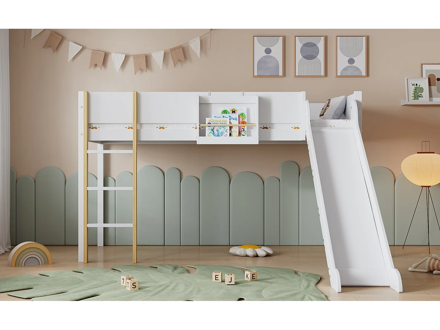 Halfhoog bed 90x200cm met glijbaan en uitneembare plank - Wit hout (matras niet inbegrepen)