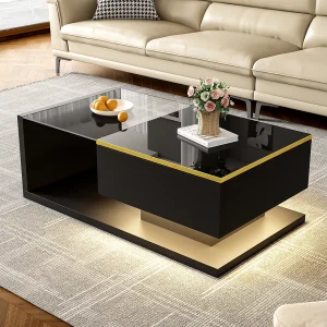 Glanzende salontafel – 90 x 50 x 32,5 cm – met glas + LED-effect + opbergruimte – spaanplaat – zwart