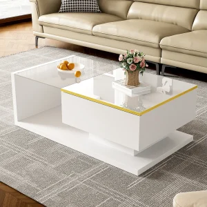 Glanzende salontafel – 90 x 50 x 32,5 cm – met glas + LED-effect + opbergruimte – spaanplaat – wit