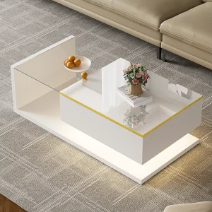 Glanzende salontafel – 100 x 50 x 32,5 cm – met glas + LED-effect + opbergruimte – spaanplaat – wit