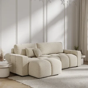 Hoekbank met slaapbank Ucci – boucle stof – 4 plaatsen – beige Hoekbank met slaapbank Ucci – boucle stof – 4 plaatsen – beige