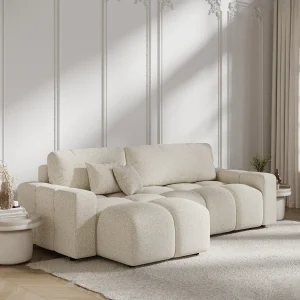 Hoekbank met slaapbank Ucci – boucle stof – 4 plaatsen – creme Hoekbank met slaapbank Ucci – boucle stof – 4 plaatsen – creme
