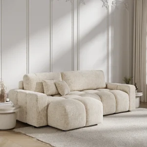 Hoekbank met slaapbank Ucci – geweven stof – 4 plaatsen – creme Hoekbank met slaapbank Ucci – geweven stof – 4 plaatsen – creme