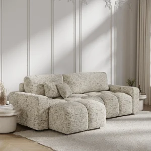 Hoekbank met slaapbank Ucci – geweven stof – 4 plaatsen – beige mélange Hoekbank met slaapbank Ucci – geweven stof – 4 plaatsen – beige mélange