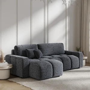 Hoekbank met slaapbank Ucci – geweven stof – 4 plaatsen – marineblauw Hoekbank met slaapbank Ucci – geweven stof – 4 plaatsen – marineblauw