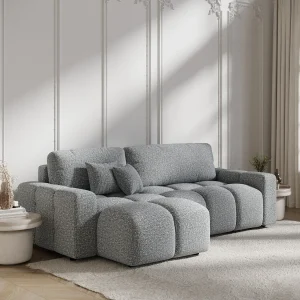 Hoekbank met slaapbank Ucci – boucle stof – 4 plaatsen – grijs Hoekbank met slaapbank Ucci – boucle stof – 4 plaatsen – grijs
