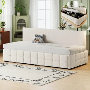 Gestoffeerde slaapbank 90 x 200 cm – met hydraulische opbergruimte – rugleuning zonder armleuningen – eenpersoonsbed – fluweel – beige Gestoffeerde slaapbank 90 x 200 cm – met hydraulische opbergruimte – rugleuning zonder armleuningen – eenpersoonsbed – fluweel – beige