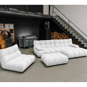Hoekbank Gestoffeerde kruk Draaibare fauteuil Stel in – Wit Koord – VIVIEN Hoekbank Gestoffeerde kruk Draaibare fauteuil Stel in – Wit Koord – VIVIEN
