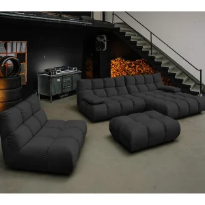 Hoekbank Gestoffeerde kruk Draaibare fauteuil Stel in – Zwart Fluweel – VIVIEN Hoekbank Gestoffeerde kruk Draaibare fauteuil Stel in – Zwart Fluweel – VIVIEN