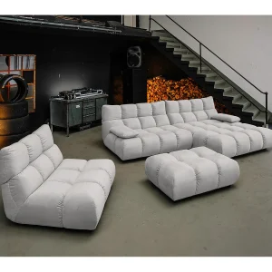 Hoekbank Gestoffeerde kruk Draaibare fauteuil Stel in – Zilver Fluweel – VIVIEN Hoekbank Gestoffeerde kruk Draaibare fauteuil Stel in – Zilver Fluweel – VIVIEN