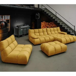 Hoekbank Gestoffeerde kruk Draaibare fauteuil Stel in – Geel Fluweel – VIVIEN Hoekbank Gestoffeerde kruk Draaibare fauteuil Stel in – Geel Fluweel – VIVIEN