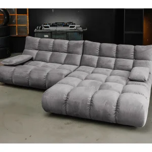 Hoekbank Gestoffeerde kruk Draaibare fauteuil Stel in – Steengrijs Fluweel – VIVIEN Hoekbank Gestoffeerde kruk Draaibare fauteuil Stel in – Steengrijs Fluweel – VIVIEN