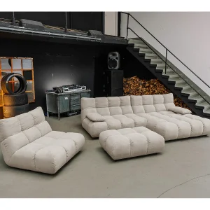Hoekbank Gestoffeerde kruk Draaibare fauteuil Stel in – Beige Koord – VIVIEN Hoekbank Gestoffeerde kruk Draaibare fauteuil Stel in – Beige Koord – VIVIEN