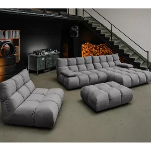 Hoekbank Gestoffeerde kruk Draaibare fauteuil Stel in – Steengrijs Fluweel – VIVIEN Hoekbank Gestoffeerde kruk Draaibare fauteuil Stel in – Steengrijs Fluweel – VIVIEN