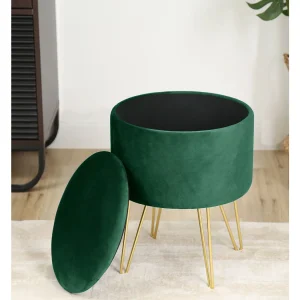 Groene Fluwelen Opberghocker met Gouden Basis – Okrągły Retro Design 35×45 cm Groene Fluwelen Opberghocker met Gouden Basis – Okrągły Retro Design 35×45 cm