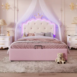 Kinderbed 140 x 200 cm, met LED-sfeerverlichting, prinsessenvorm, hydraulische opbergruimte, roze Kinderbed 140 x 200 cm, met LED-sfeerverlichting, prinsessenvorm, hydraulische opbergruimte, roze