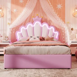 Kinderbed 140 x 200 cm, sfeerverlichting, met 2 lades, kroonvormig, verstelbaar hoofdeinde, PU, roze Kinderbed 140 x 200 cm, sfeerverlichting, met 2 lades, kroonvormig, verstelbaar hoofdeinde, PU, roze