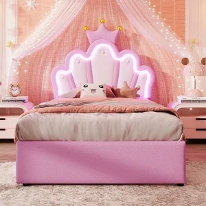 Kinderbed 90 x 200 cm, sfeerverlichting, met 2 lades, kroonvorm, verstelbaar hoofdeinde, PU, roze Kinderbed 90 x 200 cm, sfeerverlichting, met 2 lades, kroonvorm, verstelbaar hoofdeinde, PU, roze