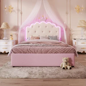 Kinderbed 140 x 200 cm, met sfeerverlichting, prinsessenvorm, opvouwbaar bed, 2 lades, roze Kinderbed 140 x 200 cm, met sfeerverlichting, prinsessenvorm, opvouwbaar bed, 2 lades, roze