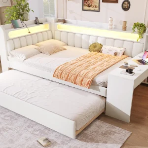 Gestoffeerde slaapbank 140×200 cm – met USB-poorten en LED – met uitklapbed en bureau – wit (zonder matras) Gestoffeerde slaapbank 140×200 cm – met USB-poorten en LED – met uitklapbed en bureau – wit (zonder matras)