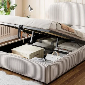 Gestoffeerd bed met opbergruimte 140×200 – met lattenbodem – grijs​ (Matras niet inbegrepen)