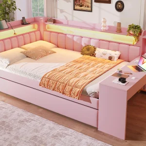 Gestoffeerde slaapbank 140×200 cm – met USB-poorten en LED – met uitklapbed en bureau – roze (zonder matras) Gestoffeerde slaapbank 140×200 cm – met USB-poorten en LED – met uitklapbed en bureau – roze (zonder matras)