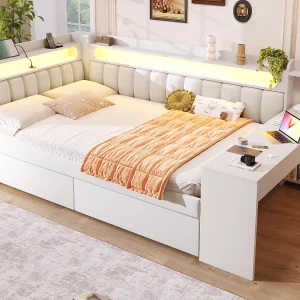Gestoffeerde slaapbank 140×200 cm – met USB-poorten en LED – met bureau en 2 laden – wit (zonder matras) Gestoffeerde slaapbank 140×200 cm – met USB-poorten en LED – met bureau en 2 laden – wit (zonder matras)