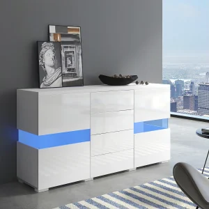 Glanzend modern dressoir – 145 x 35 x 72 cm – met 2 deuren + 4 lades + LED-verlichting – MDF – wit