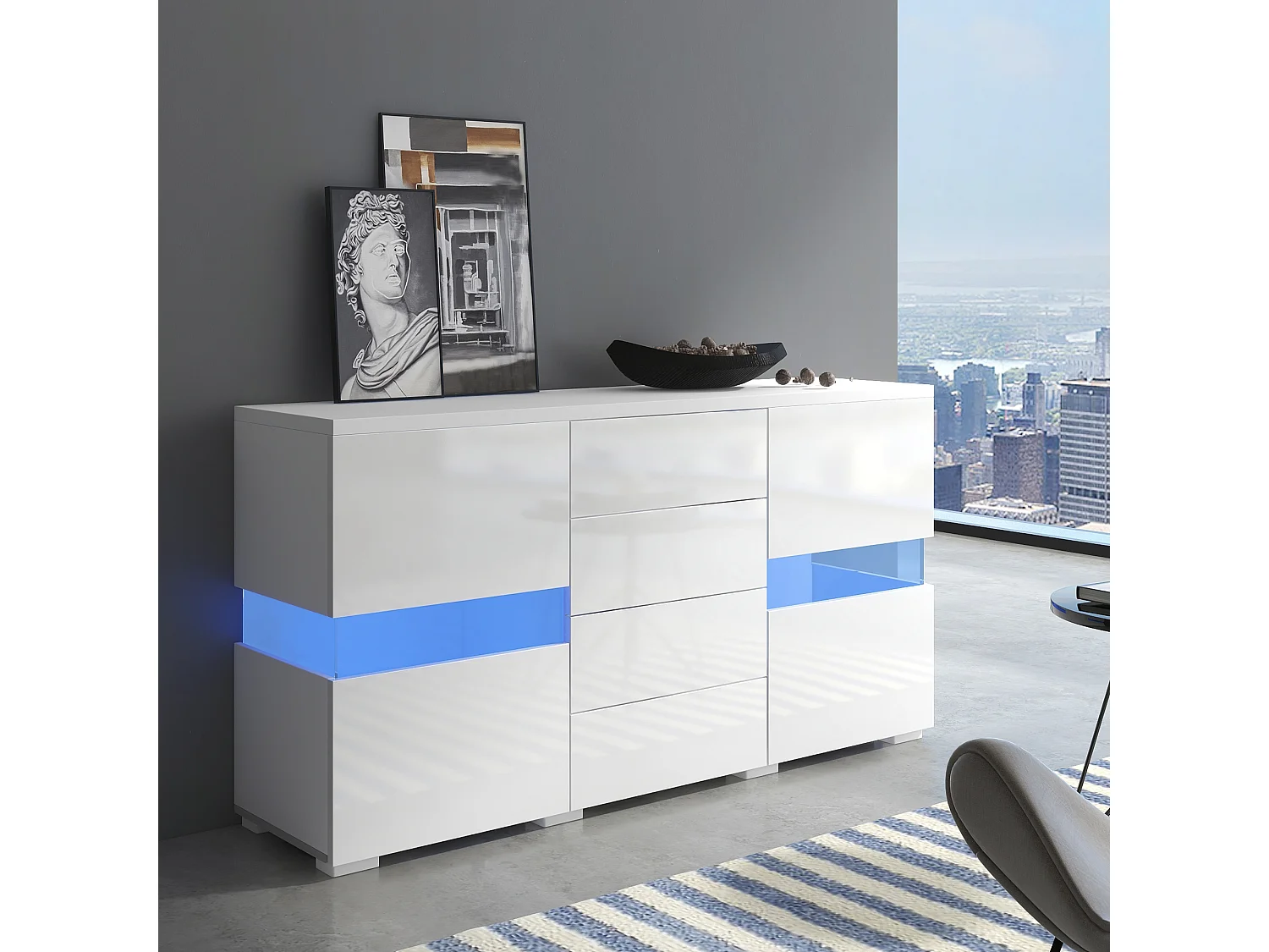Glanzend modern dressoir - 145 x 35 x 72 cm - met 2 deuren + 4 lades + LED-verlichting - MDF - wit