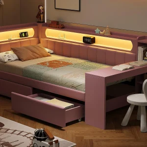 Gestoffeerde slaapbank 90×200 cm – met USB-poorten en LED – met bureau en 2 lades – roze (zonder matras) Gestoffeerde slaapbank 90×200 cm – met USB-poorten en LED – met bureau en 2 lades – roze (zonder matras)