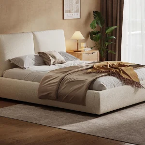 Gestoffeerd bed met opbergruimte 180×200 cm – met lattenbodem – Bouclé stof – Beige​ (zonder matras)