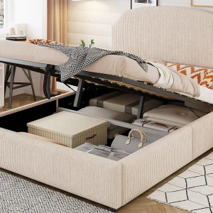 Gestoffeerd bed met opbergruimte 140×200 – met lattenbodem – beige​ (Matras niet inbegrepen)