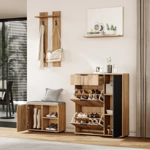 Halgarderobeset – 140 x 35 x 139 cm – met bankje en schoenenkast + 1 spiegel + wandplank – spaanplaat – naturel + zwart Halgarderobeset – 140 x 35 x 139 cm – met bankje en schoenenkast + 1 spiegel + wandplank – spaanplaat – naturel + zwart