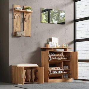 Halgarderobeset – 140 x 35 x 133 cm – met bankje en schoenenkast + 1 spiegel + wandplank – spaanplaat – naturel Halgarderobeset – 140 x 35 x 133 cm – met bankje en schoenenkast + 1 spiegel + wandplank – spaanplaat – naturel
