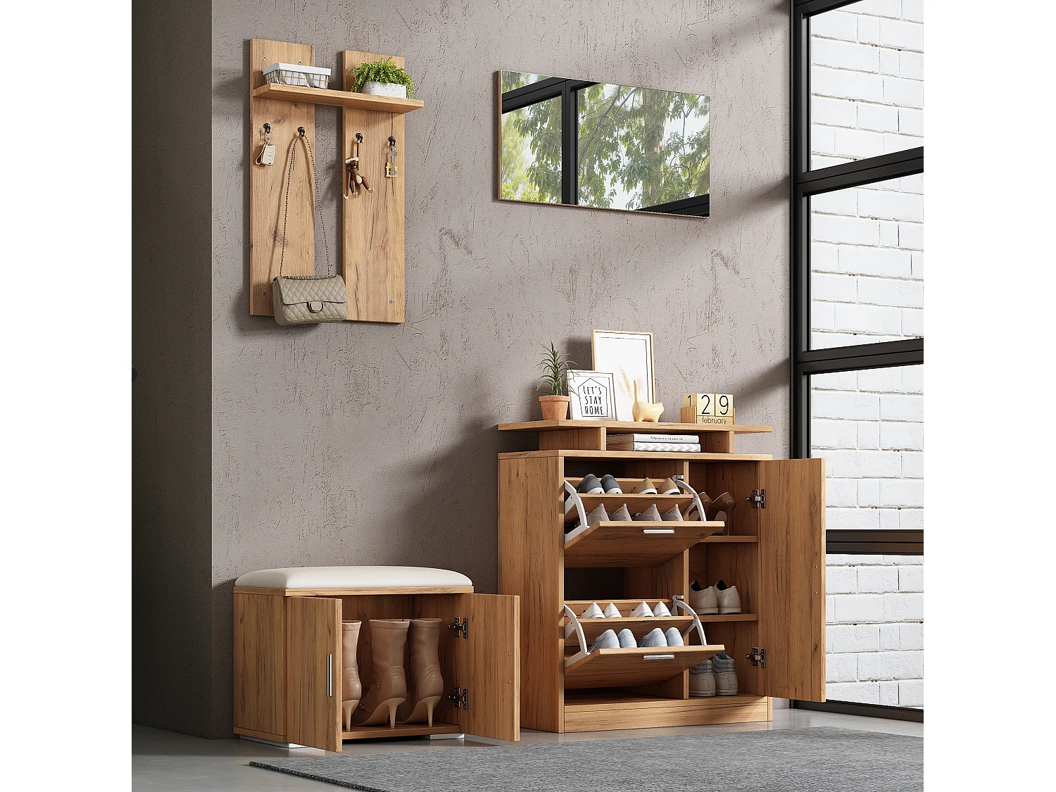 Halgarderobeset - 140 x 35 x 133 cm - met bankje en schoenenkast + 1 spiegel + wandplank - spaanplaat - naturel