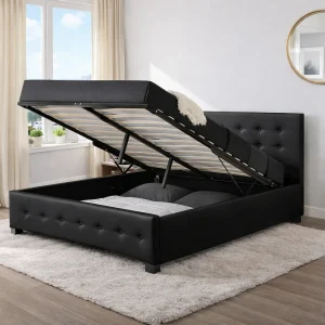 Gestoffeerd Zwart Bed met Geïntegreerde Opbergruimte – 140×190 cm NEWINGTON