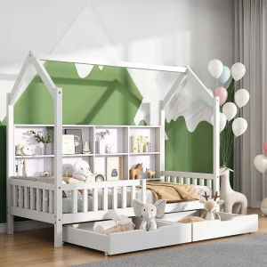 Hangbed 90×200 cm – Kinderbed met 2 lades en opbergvak – wit – zonder matras