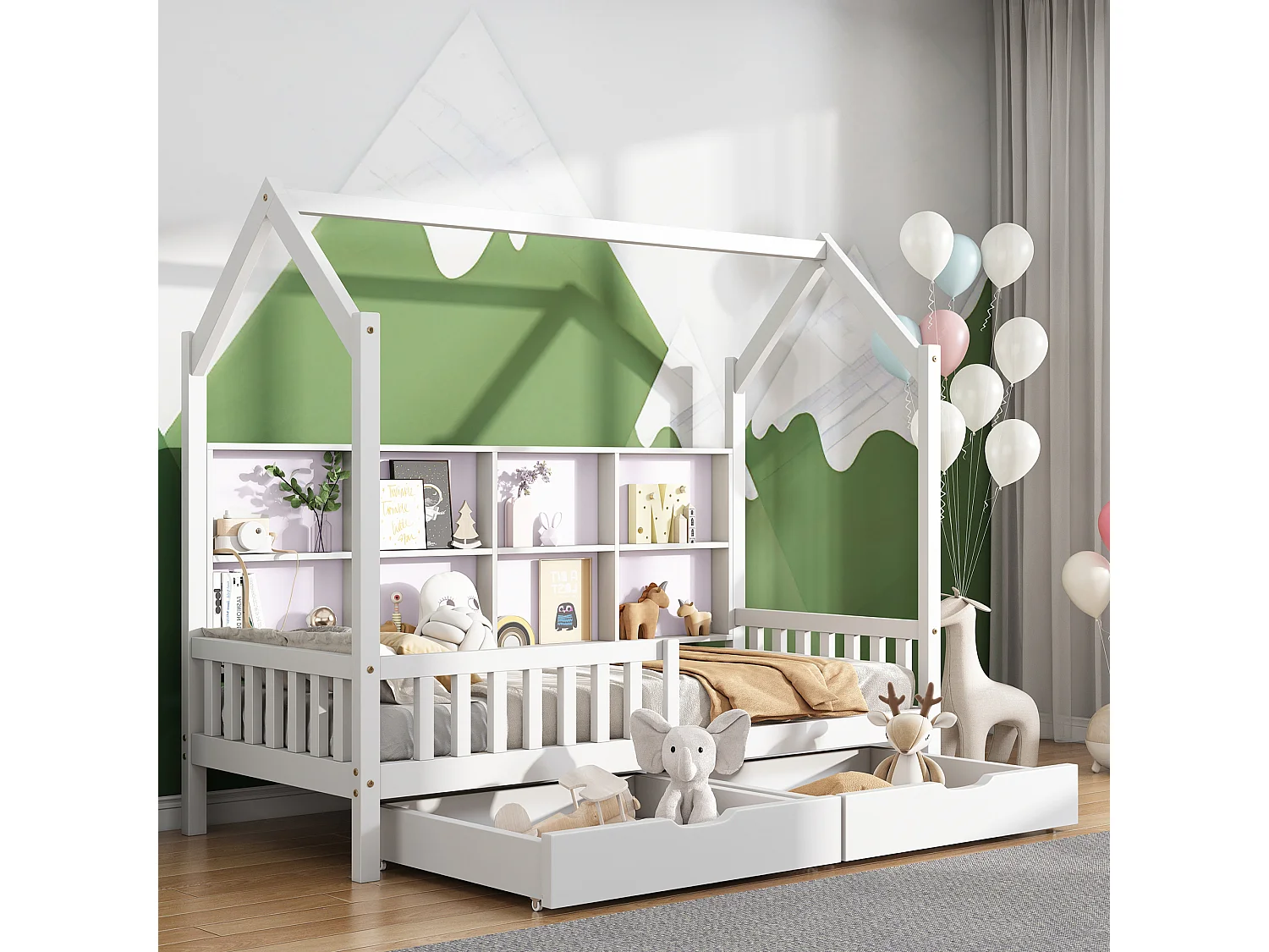 Hangbed 90x200 cm - Kinderbed met 2 lades en opbergvak - wit - zonder matras