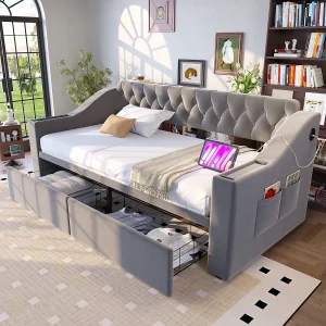 Gestoffeerde slaapbank voor kinderen – 90 x 190 cm – met opbergruimte in de armleuningen + USB-poort + 2 lades – fluweel – lichtgrijs Gestoffeerde slaapbank voor kinderen – 90 x 190 cm – met opbergruimte in de armleuningen + USB-poort + 2 lades – fluweel – lichtgrijs