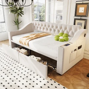 Gestoffeerde slaapbank voor kinderen – 90 x 190 cm – met opbergruimte in de armleuningen + USB-poort + 2 lades – fluweel – beige Gestoffeerde slaapbank voor kinderen – 90 x 190 cm – met opbergruimte in de armleuningen + USB-poort + 2 lades – fluweel – beige