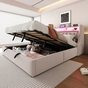 Gestoffeerd opbergbed – 180 x 200 cm – hydraulisch – neerklapbaar hoofdeinde met opbergruimte + LED-verlichting – MDF – beige Gestoffeerd opbergbed – 180 x 200 cm – hydraulisch – neerklapbaar hoofdeinde met opbergruimte + LED-verlichting – MDF – beige