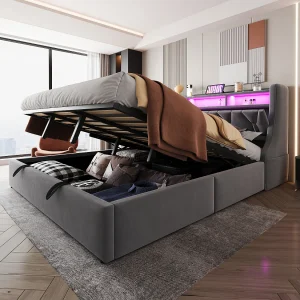 Gestoffeerd opbergbed – 180 x 200 cm – hydraulisch – neerklapbaar hoofdeinde met opbergruimte + LED-verlichting – MDF – grijs Gestoffeerd opbergbed – 180 x 200 cm – hydraulisch – neerklapbaar hoofdeinde met opbergruimte + LED-verlichting – MDF – grijs