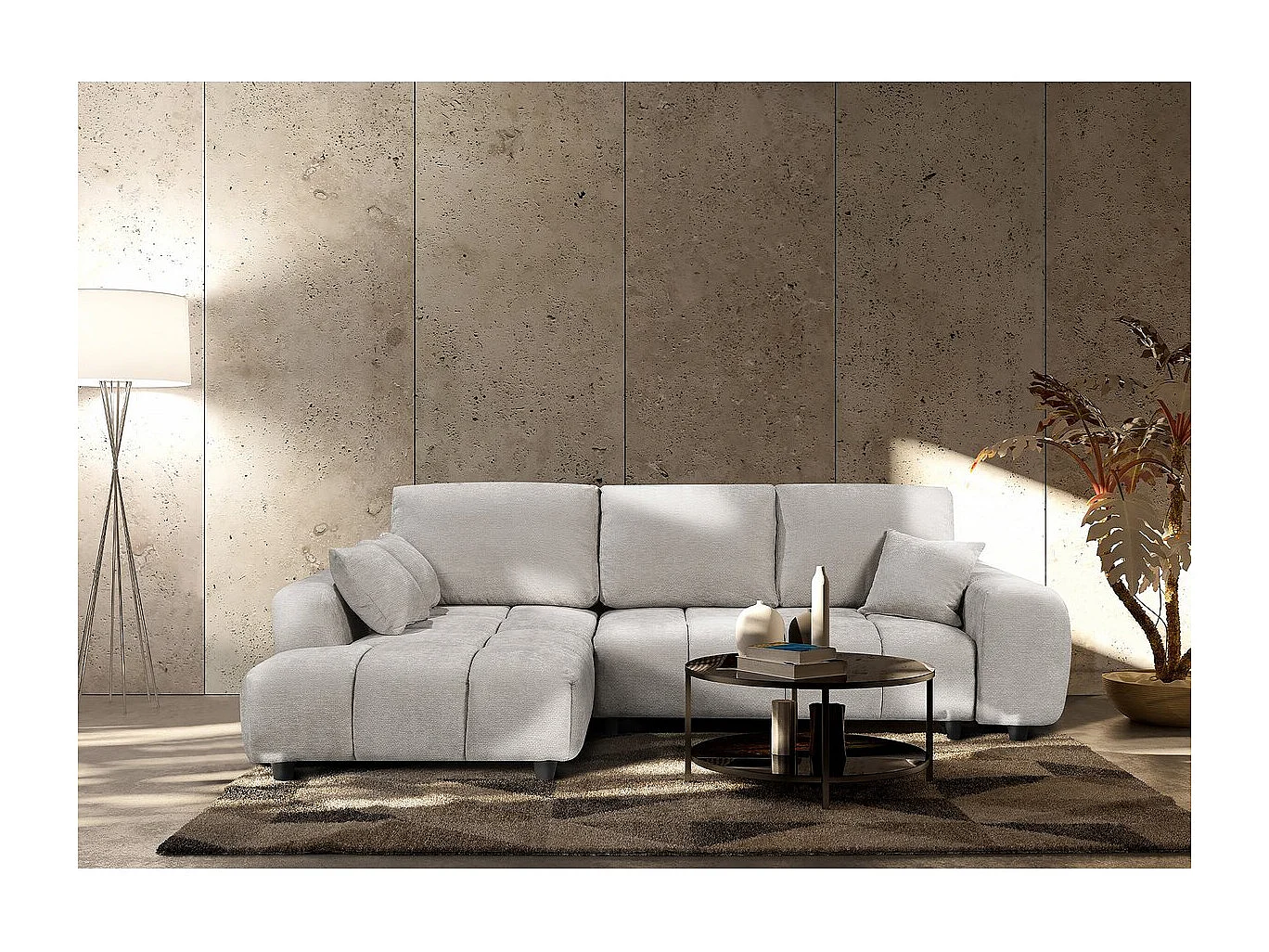 Hoekbank links in chenillestof "Verneuil" - 3-zits - Beige