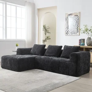 Hoekbank bedbank in Chenille stof – 3-zits – met 3 kussens – Zwart – 250x158x60cm Hoekbank bedbank in Chenille stof – 3-zits – met 3 kussens – Zwart – 250x158x60cm
