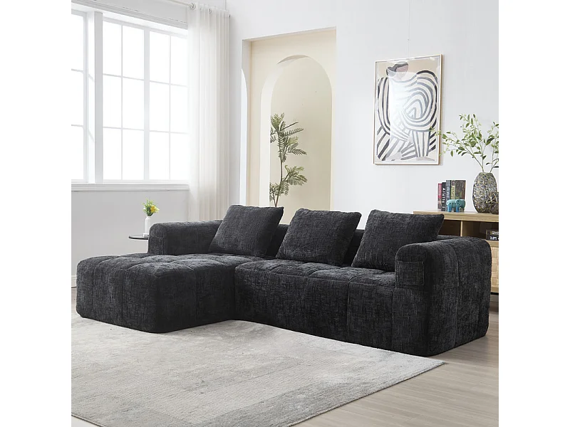 Hoekbank bedbank in Chenille stof - 3-zits - met 3 kussens - Zwart - 250x158x60cm