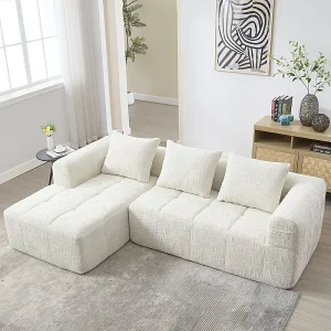 Hoekbank bedbank in Chenille stof – 3-zits – met 3 kussens – Beige – 250x158x60cm Hoekbank bedbank in Chenille stof – 3-zits – met 3 kussens – Beige – 250x158x60cm