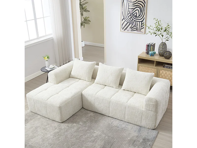Hoekbank bedbank in Chenille stof - 3-zits - met 3 kussens - Beige - 250x158x60cm